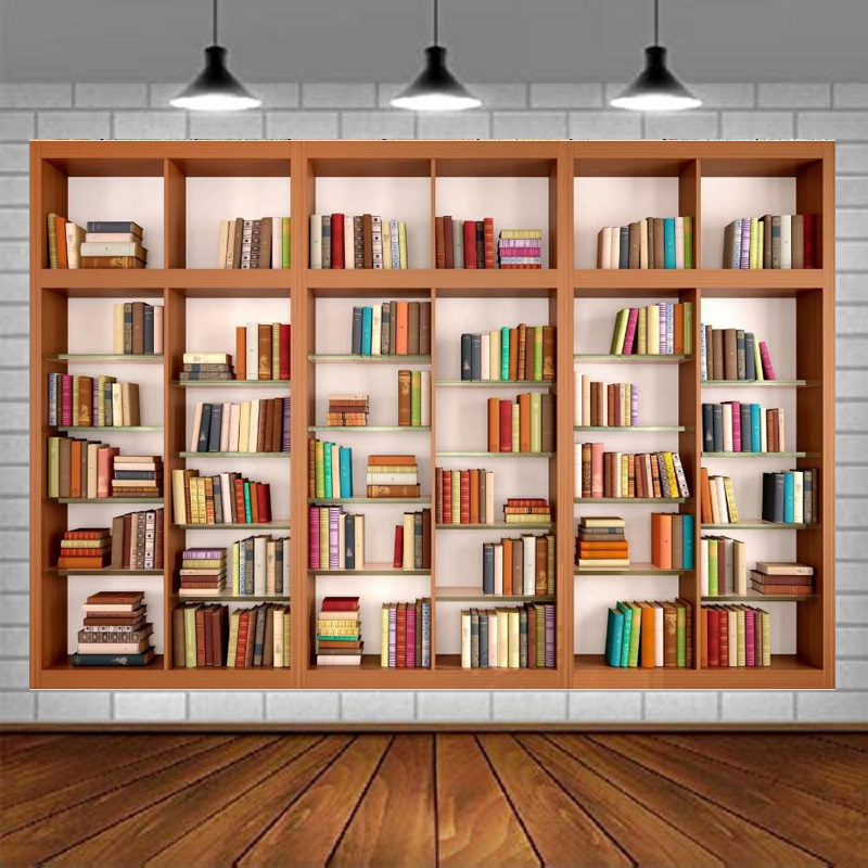 Home Office Zoom Background Free - Modern Wooden Bookshelf Photography Backdrop For