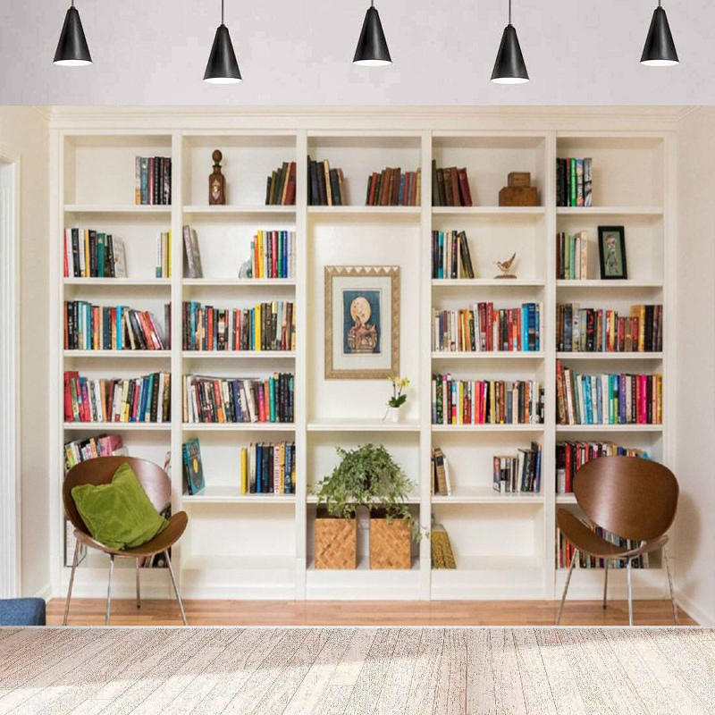 Home Office Zoom Background Free - White Bookshelf Photography Backdrop Bookcase Banner