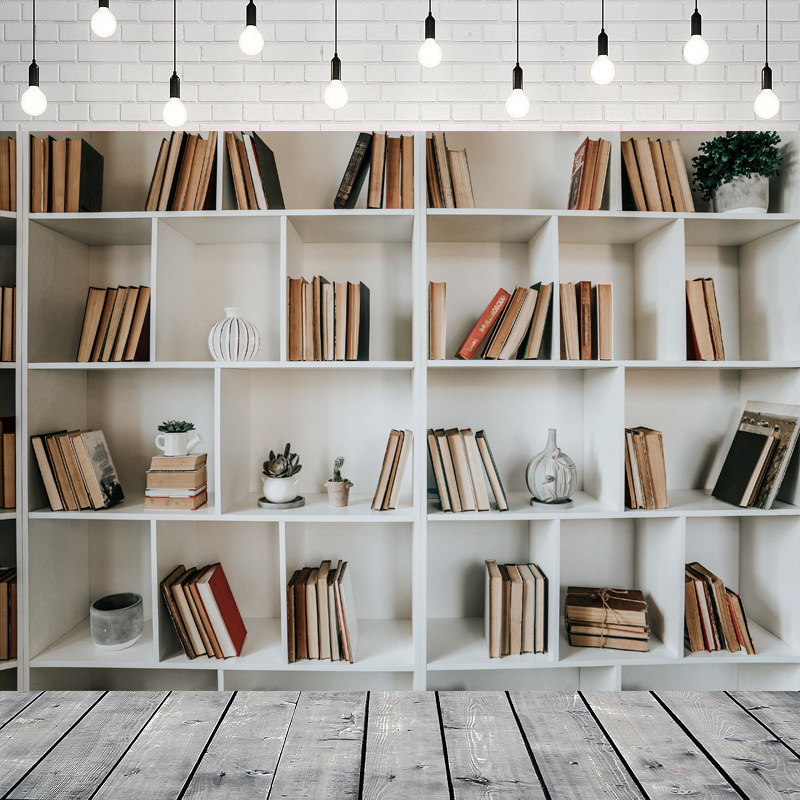 Home Office Zoom Background Free - White Bookshelf Photography Backdrop Library Modern